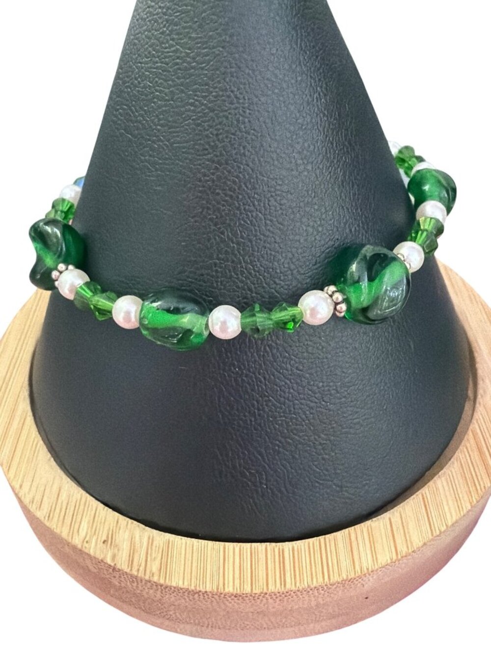 Vintage Silver Tone Glass Bead Bracelet Green Faux Pearls Toggle Clasp 7.25"